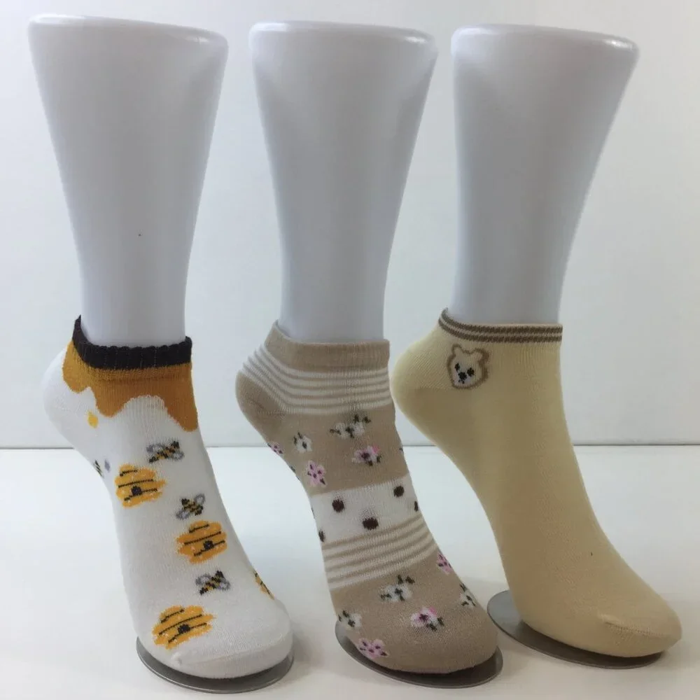 Womens Ankle Socks 3 Pack Bee Floral Patterns Bear Yellow Brown